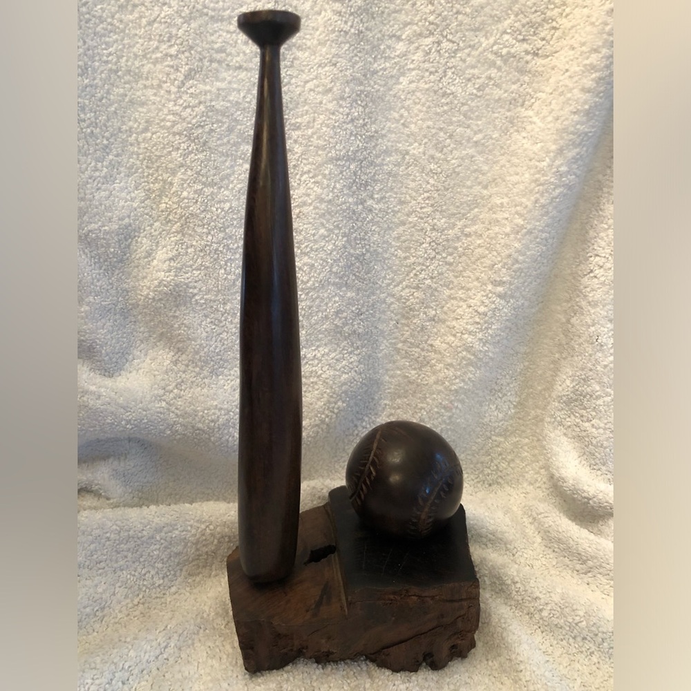 Ironwood Handcarved Baseball Bat on Wooden Base Beautiful Piece Stands 12.5”